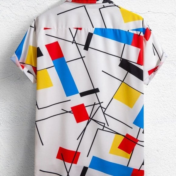 White Vacation Style Men's Geo Print Shirt - Picture 2 of 3